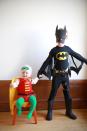 <p>Siblings? No. It's the dynamic duo! </p><p><em><a href="https://sayyes.com/2014/10/batman-and-robin-costumes" rel="nofollow noopener" target="_blank" data-ylk="slk:Get the tutorial at Say Yes »" class="link ">Get the tutorial at Say Yes »</a></em></p>