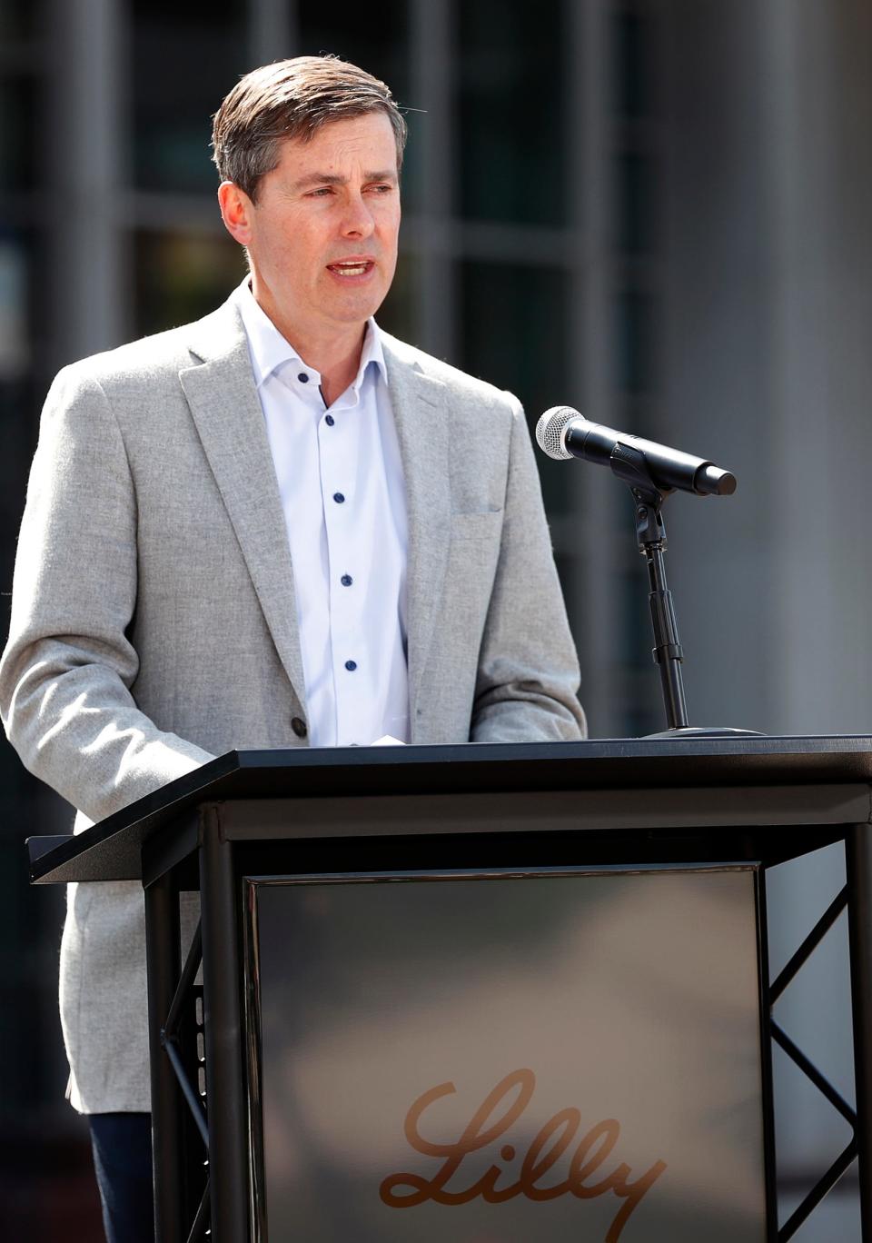 Eli Lilly and Company CEO David Ricks talks about the back-to-work plan for the company, during a press conference Monday, May 10, 2021 at the downtown Indianapolis headquarters.