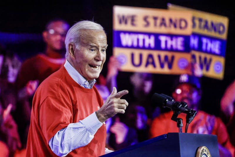 President Joe Biden praised union workers Thursday at an event to mark the re-opening of the Belvidere, Ill., auto plant and the success of the recent UAW contract. Photo by Tannen Maury/UPI