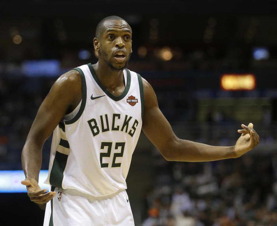 Khris Middleton and the Bucks got rejected by the rim on two straight dunk attempts. (AP Photo/Aaron Gash)