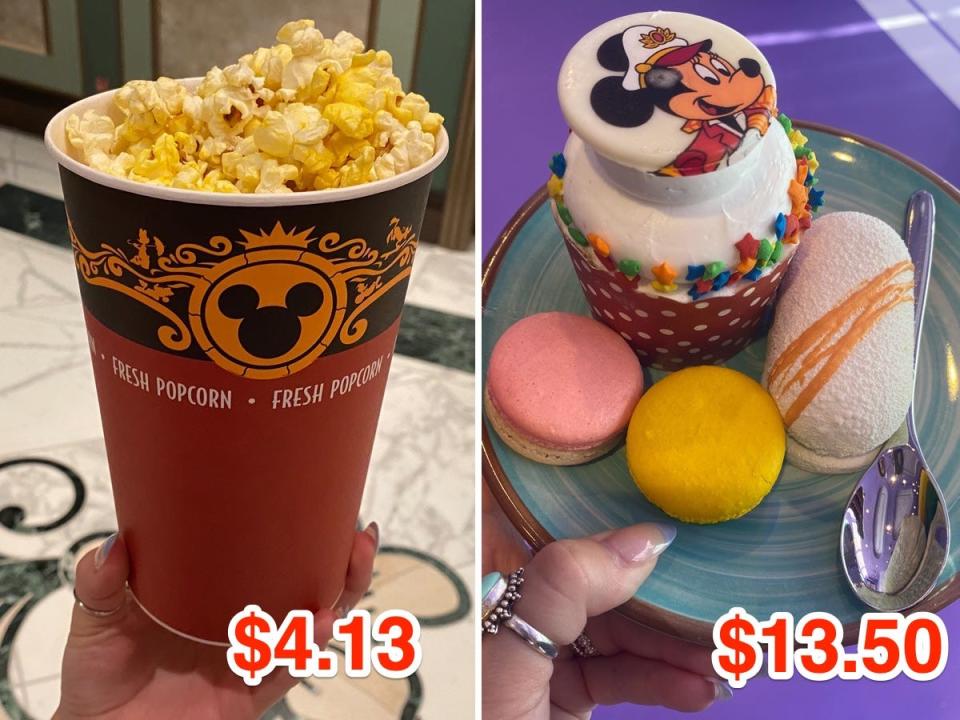 A popcorn tub (left) and desserts on the Disney Wish cruise (right).