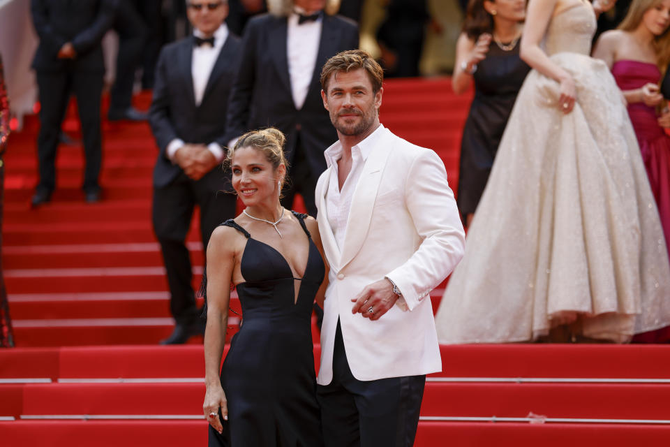 Elsa Pataky, left, and Chris Hemsworth pose for photographers upon arrival at the premiere of the film 'Furiosa: A Mad Max Saga' at the 77th international film festival, Cannes, southern France, Wednesday, May 15, 2024. (Photo by Vianney Le Caer/Invision/AP)