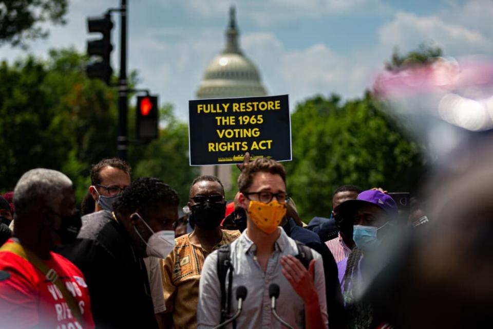 The Poor People’s Campaign rallied and marched in Washington DC, where faith leaders, low-wage workers, and poor people from around the country protested for the US Senate to end the filibuster, protect voting rights, and raise the federal minimum wage to $15 an hour. (Photo by Michael Nigro/Pacific Press/LightRocket via Getty Images)