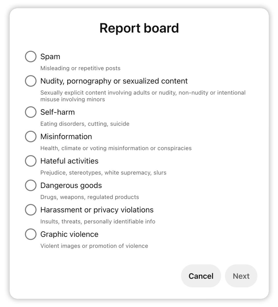 After NBC News’ investigation, Pinterest added the ability to report boards for the first time. (Pinterest )
