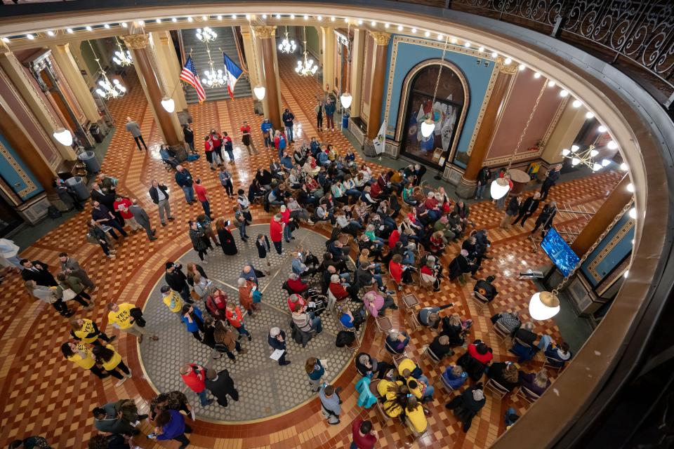 Iowans pack the Capitol as the House holds a public hearing on private school scholarships bill, Tuesday, Jan. 17, 2023.