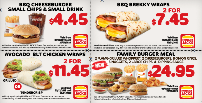 Four deals shown on the Hungry Jack's paper voucher. 