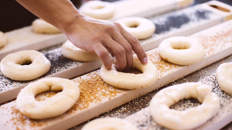 Boiled bagels on seasoning boards