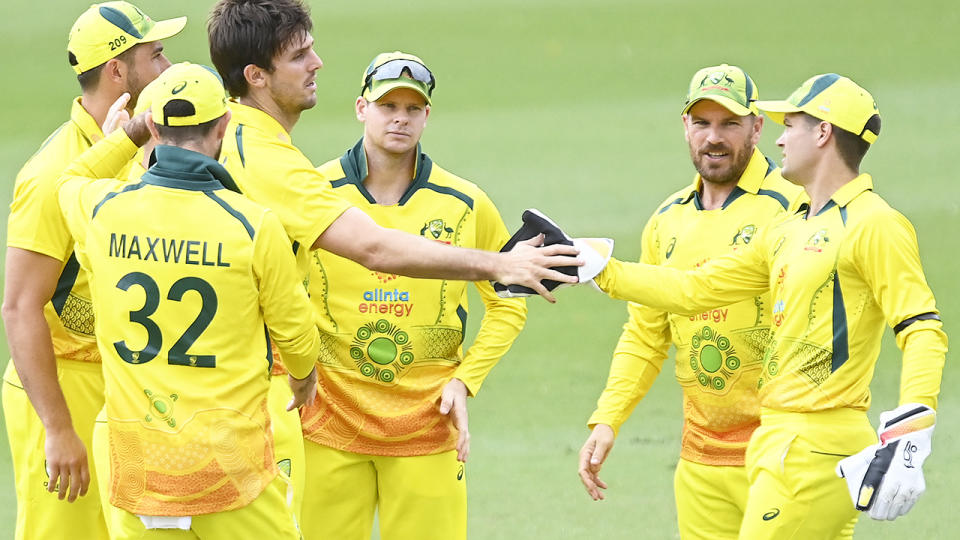 Aussie players, pictured here during the first cricket ODI against Zimbabwe in Townsville.