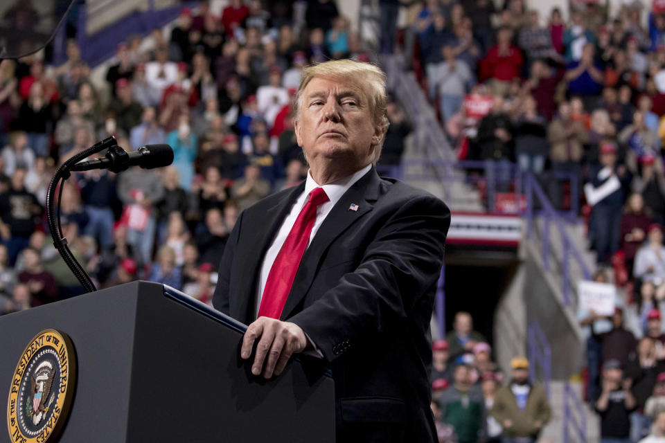 President Donald Trump pauses while speaking at a rally at Resch Center Complex in Green Bay, Wis., Saturday, April 27, 2019. (AP Photo/Andrew Harnik)