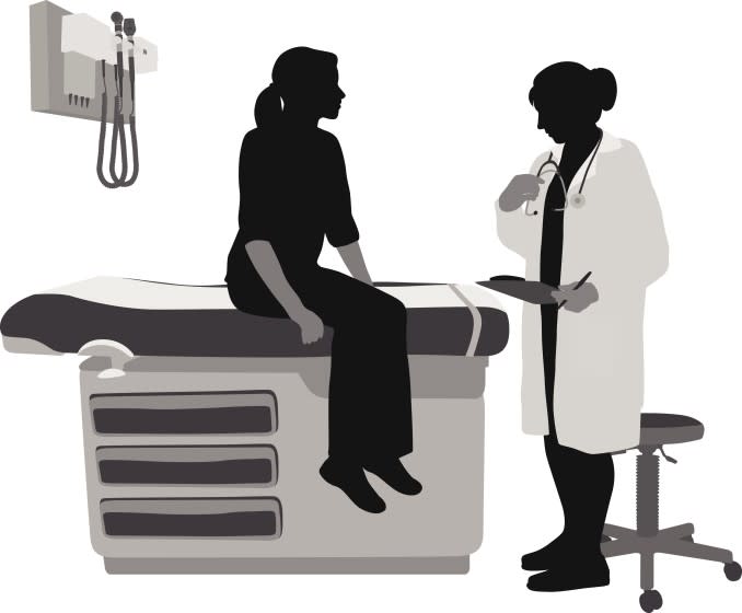 Silhouette illustration of a female doctor assessing the symptoms of a young female patient.