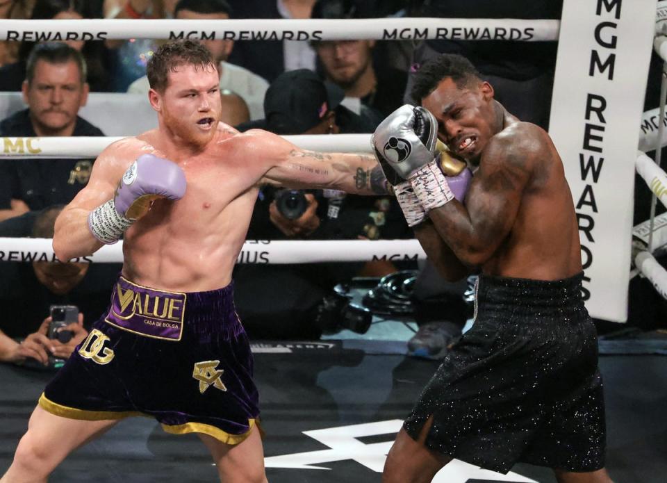 Alvarez throws a left at Jermell Charlo during their super-middleweight title fight in Nevada in September 2023 (Getty)