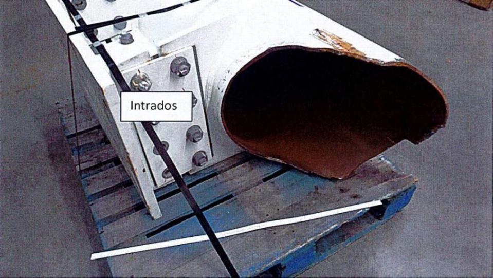 A metallurgical report on the Carowinds Fury 325 roller coaster showing the tube side of the fractured support column. “Intrados” refers to the inner curved surface