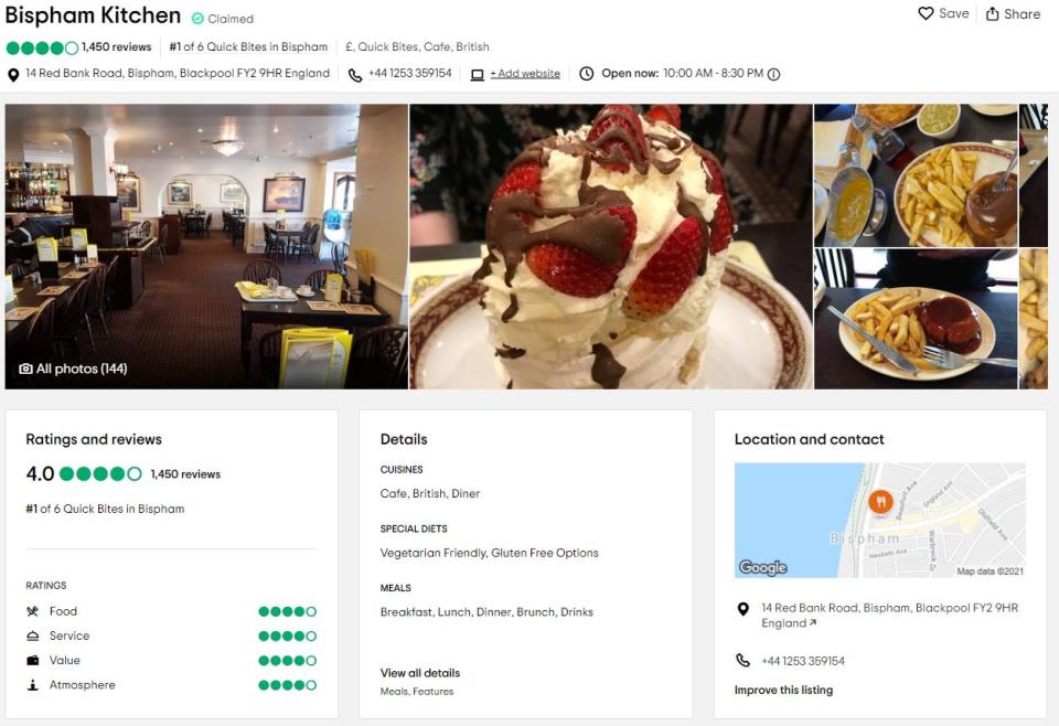 Steve Hoddy's Bispham Kitchen usually gets positive reviews, but Martin Stewart Potts tried to disparage that reputation by posting negative comments for his businesses (Trip Advisor)