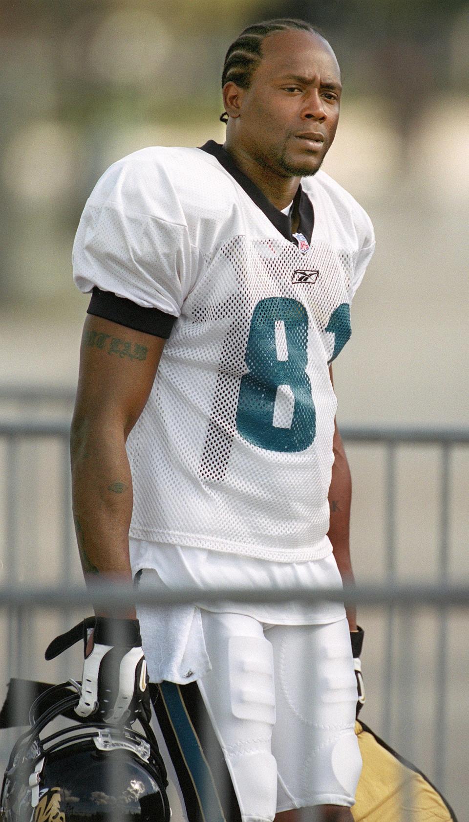 Jacksonville Jaguars receiver R. Jay Soward (81), seen here walking to the practice field in 2001, was supposed to be the missing piece to a Super Bowl run, but self-destructed his way out of the NFL in less than two years.
