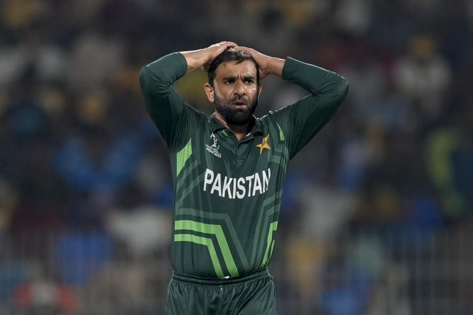 Pakistan's Iftikhar Ahmed reacts as he bowls during the ICC Men's Cricket World Cup match between Pakistan and Afghanistan in Chennai, India, Monday, Oct. 23, 2023. (AP Photo/Eranga Jayawardena)