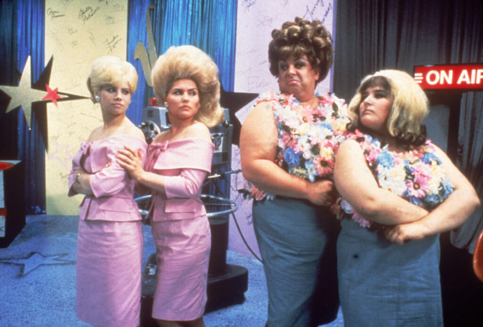 Colleen Fitzpatrick, Debbie Harry, Divine, and Ricki Lake in a scene from ‘Hairspray,’ directed by John Waters, 1988. (Credit: New Line Cinema/Courtesy of Getty Images)
