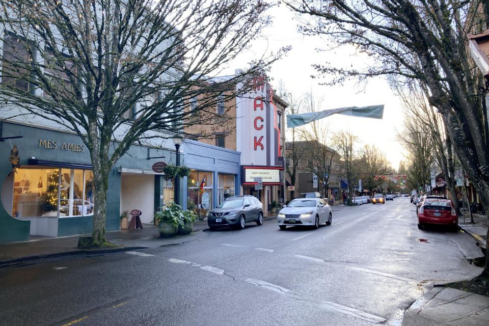 The picturesque town of McMinnville, Ore., is seen on Thursday, Dec. 9, 2021. Like many other towns in the U.S., McMinnville was hit by the opioid epidemic, leaving overdoses, addiction, homelessness and wrecked families in its wake. States, counties and cities are on the precipice of receiving billions of dollars in the second-biggest legal settlement in U.S. history. (AP Photo/Andrew Selsky)