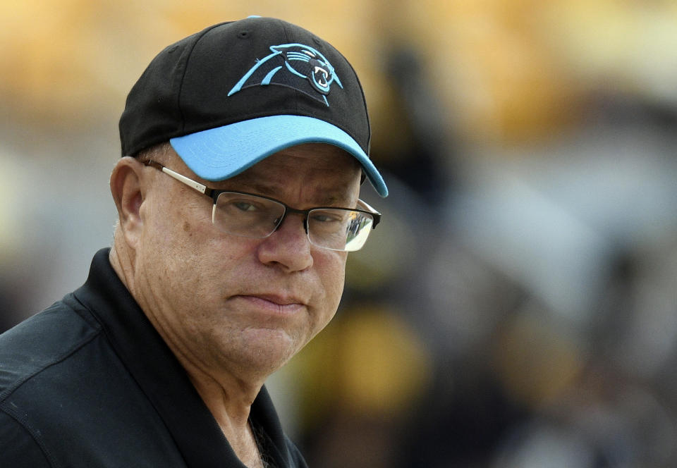 FILE - In this Aug. 30, 2018, file photo, Carolina Panthers owner David Tepper walks in the field during before an NFL football game against the Pittsburgh Steelers in Pittsburgh. Panthers owner David Tepper says it’s important for team to have a solid contingency plan in place at quarterback next season given the uncertainty surrounding franchise QB Cam Newton’s bothersome right shoulder. (AP Photo/Don Wright, File)