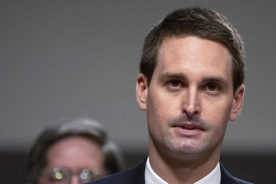 Snap CEO Evan Spiegel speaks during a Senate Judiciary Committee hearing on Capitol Hill in Washington, Wednesday, Jan. 31, 2024, on child safety. (AP Photo/Mark Schiefelbein)