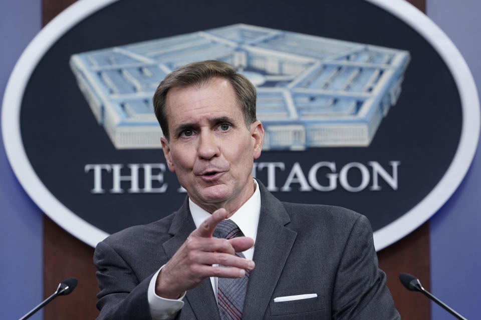 Pentagon spokesman John Kirby speaks during a briefing at the Pentagon in Washington, Friday, Aug. 13, 2021. (AP Photo/Susan Walsh)