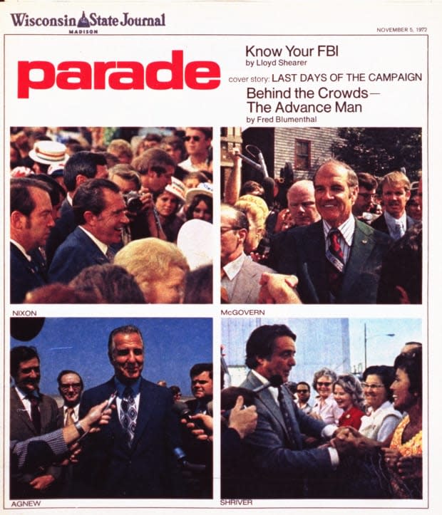 <p>The candidates of the 1972 presidential election are shown making the final rounds of campaigning on the cover of the Nov. 5, 1972 issue.</p>