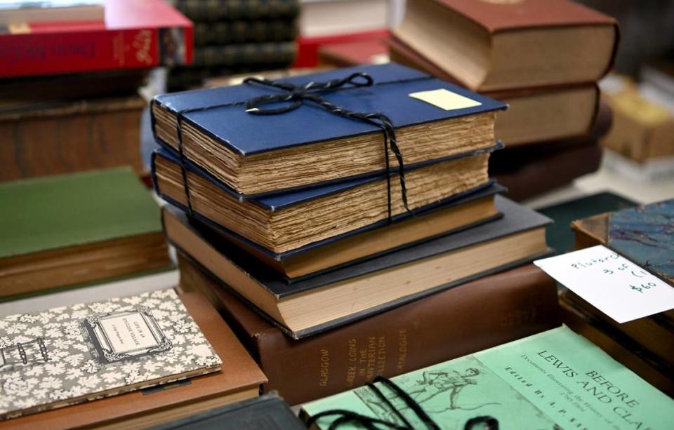 Some books in the special collections room for the AAUW Used Book Sale at the Penn State Snider Agriculture Arena on Thursday, May 11, 2023.