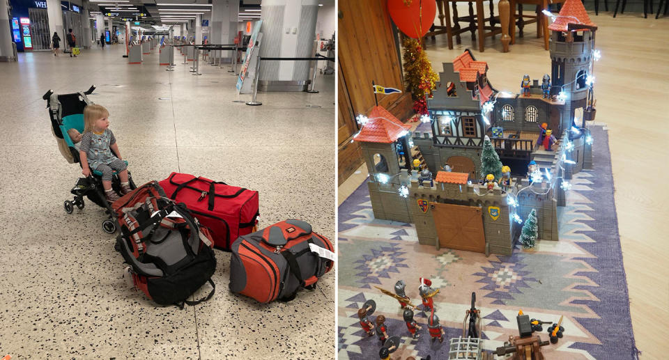 Left, Robyn young child in a pram in the airport with the bags that did arrive. Right is the Playmobil castle.