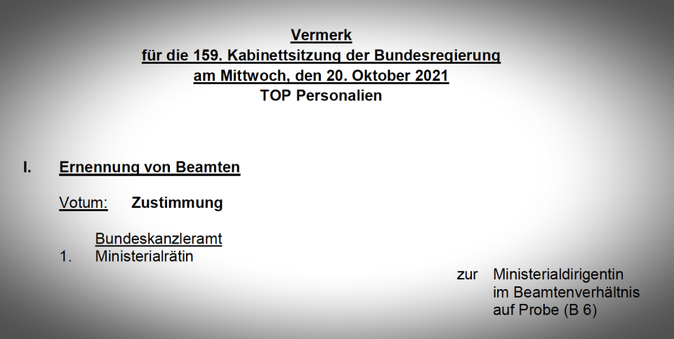 Im Kanzleramt wurde noch auf die Schnelle eine Mitarbeiterin auf B6 befördert, soll nun offiziell ernannt werden