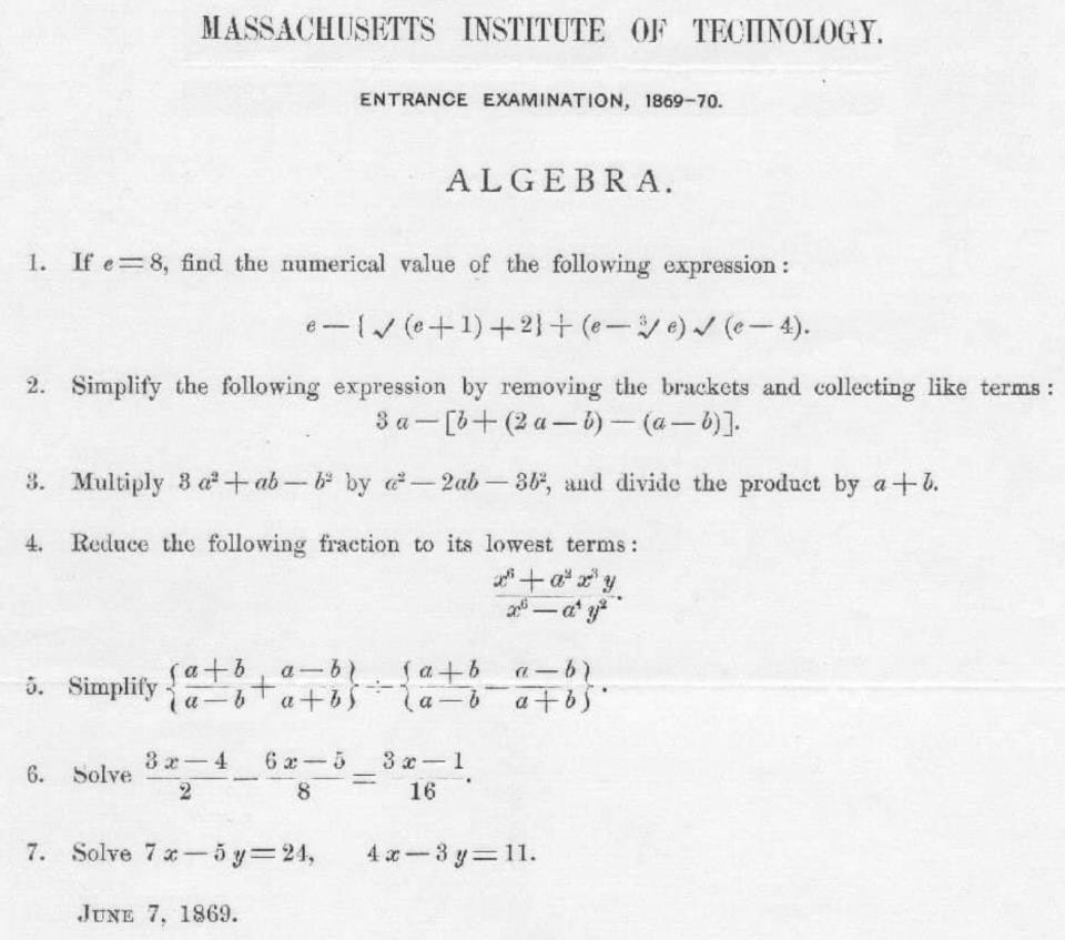 Massachusetts Institute of Technology 1869-70 entrance exam in algebra, featuring seven algebraic problems, dated June 7, 1869