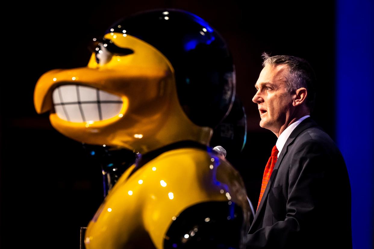 Josh Schamberger speaks during the Think Iowa City and Iowa City Area Sports Commission annual meeting, Wednesday, Feb. 14, 2024, at the Hyatt Regency Coralville Hotel & Conference Center in Coralville, Iowa.