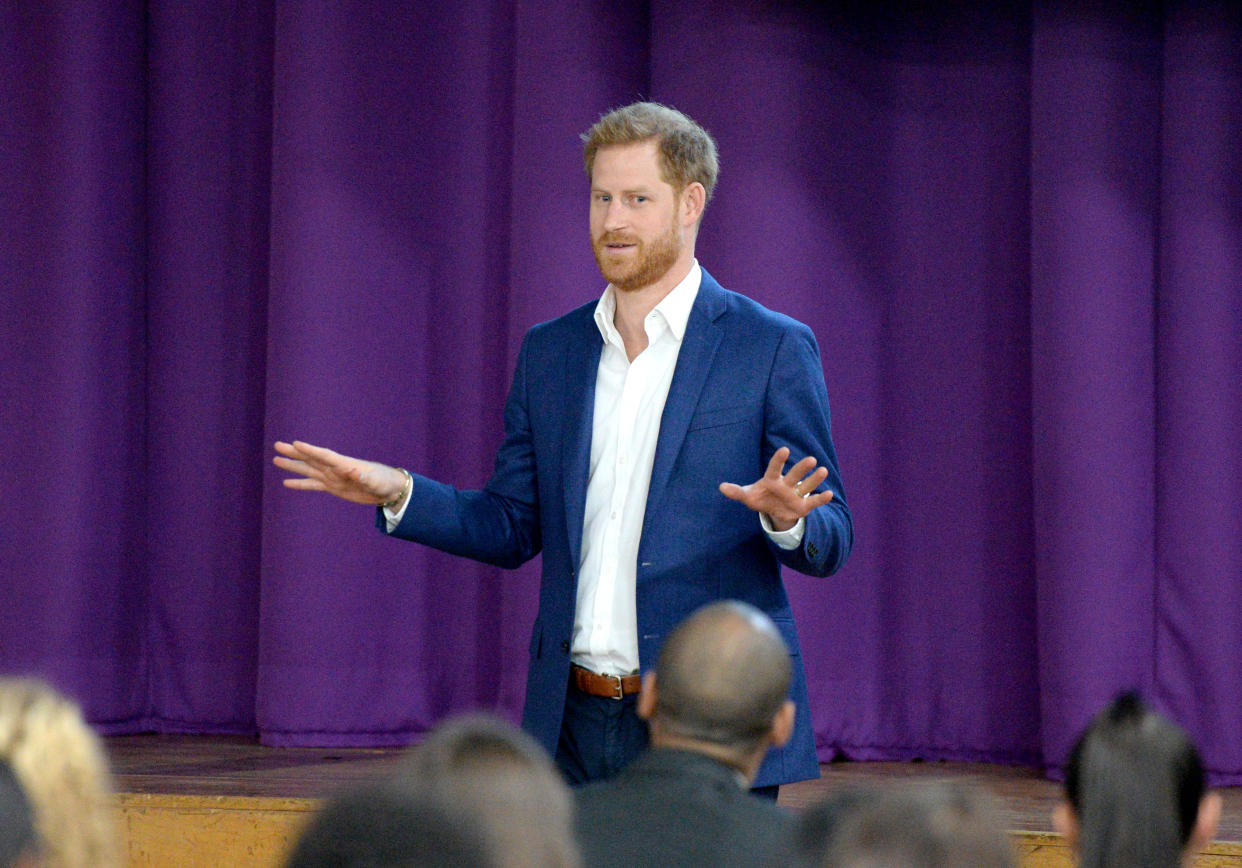 NOTTINGHAM, ENGLAND - OCTOBER 10: Prince Harry, Duke of Sussex attends a school assembly with Year 11 students, during his visit to Nottingham Academy to mark World Mental Health Day on October 10, 2019 in Nottingham, England. (Photo by Eamonn M. McCormack/Getty Images)