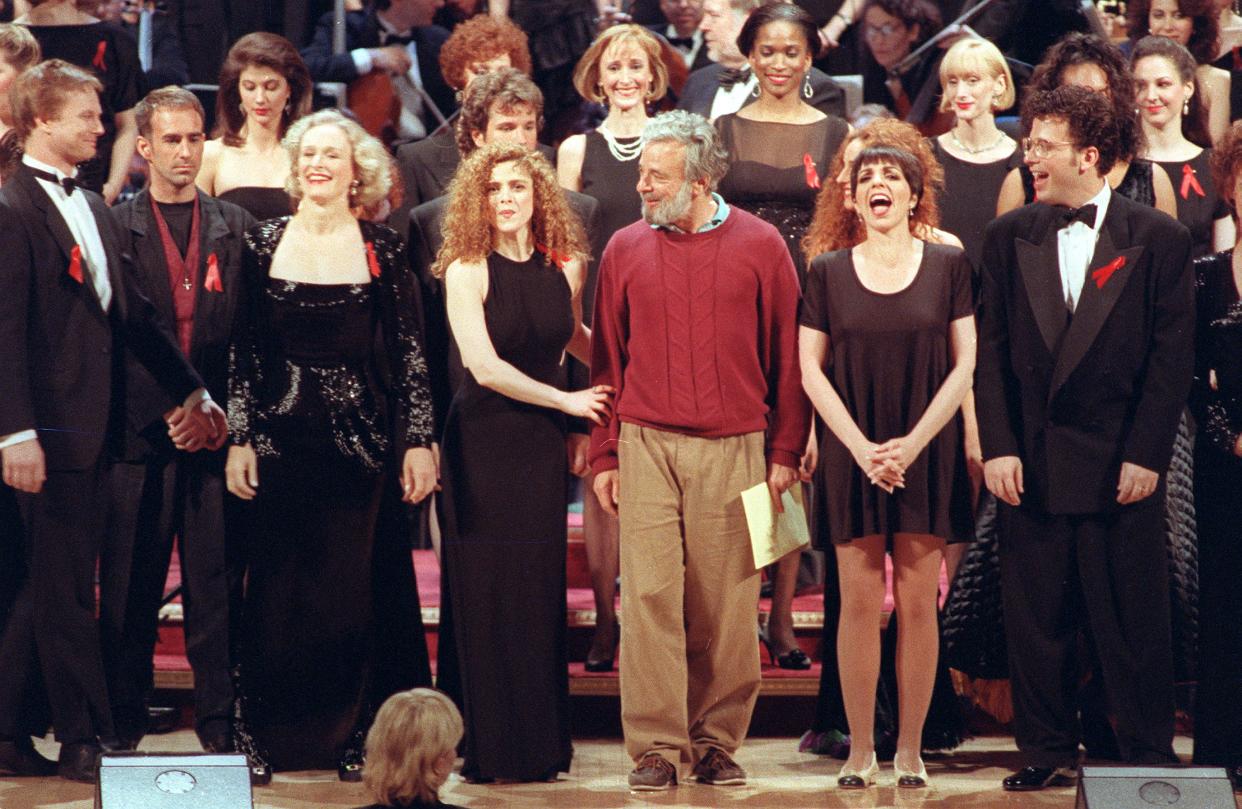 Composer-lyricist Stephen Sondheim, center, is flanked by performers, from left, Glenn Close, Bernadette Peters, Liza Minnelli, right, and Billy Stritch during a curtain call for the evening's gala dress rehearsal in New York in June 1992. The Gala benefit honoring Sondheim's shows and film scores, "Sondheim:  A Celebration at Carnegie Hall," will featured a Broadway chorus and the American Theater Orchestra conducted by music director Paul Gemignani. 