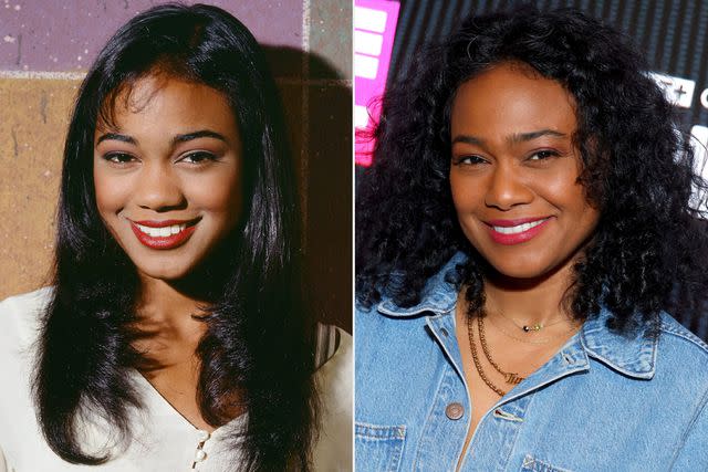 <p>NBCU Photo Bank/Getty; Leon Bennett/Getty</p> Tatyana Ali on The Fresh Prince of Bel-Air in 1995 and now