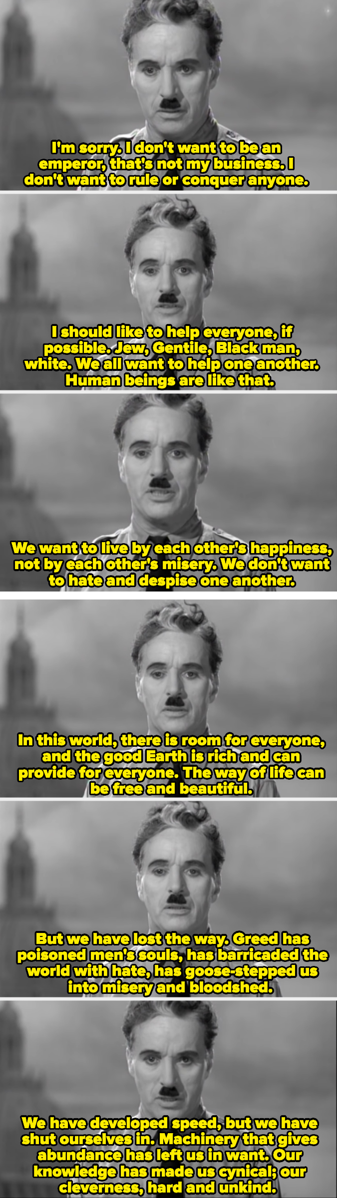 Charlie Chaplin talks about how greed has ruined humanity, and how our natural instinct is to take care of one another