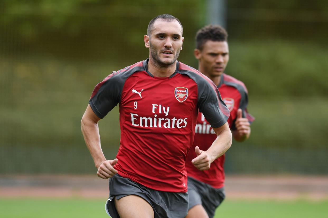 Left behind: The Spanish striker was training at London Colney whilst Arsenal were on tour: Arsenal FC via Getty Images