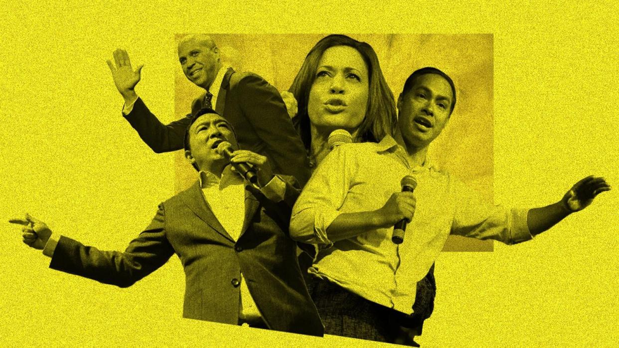 There are more candidates of color running for president than ever before. But they&rsquo;re all stuck in the single digits in public polling. Why? (Photo: Illustration: Damon Dahlen/HuffPost; Photos: Getty Images)