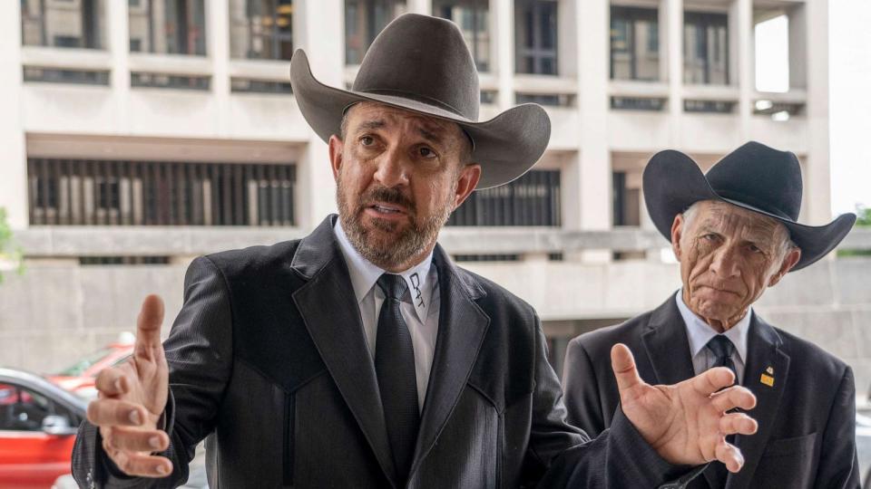 PHOTO: Otero County, New Mexico Commissioner Couy Griffin speaks to reporters as he arrives at federal court in Washington, D.C., June. 17, 2022.  (Gemunu Amarasinghe/AP, FILE)