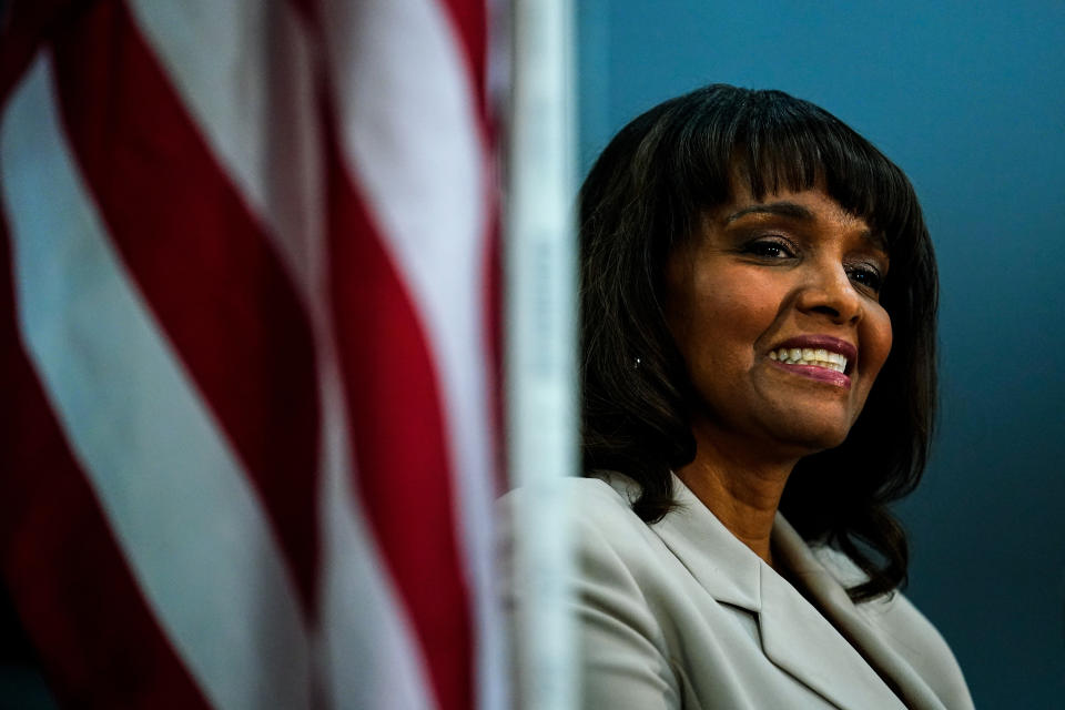 Kathy Barnette, a Republican candidate for U.S. Senate in Pennsylvania, takes part in a forum in Newtown, Pa., Wednesday, May 11, 2022. (AP Photo/Matt Rourke)