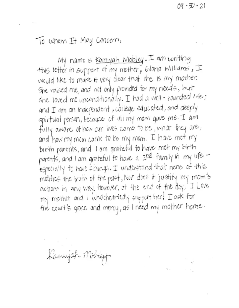 Kamiyah Mobley pleads for her kidnapper, Gloria Williams’ early release in a handwritten letter to the court (Circuit Court of the Fourth Judicial Circuit in and for Duval County, Florida)