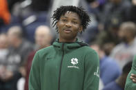 This handout provided by Greg Payan shows The Patrick School's Jonathan Kuminga before a high school basketball game against Blair Academy, in Toms River, N.J., in a Friday, Jan. 10, 2020, photo. Scottie Barnes and Jonathan Kuminga offer plenty of versatility to headline the class of forwards in Thursday’s, July 29, 2021, NBA draft. (Gregory Payan via AP)