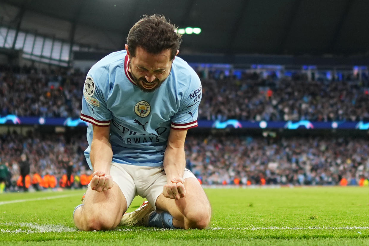 MANCHESTER, ENGLAND - MAY 17: Bernardo Silva of Manchester City celebrates after scoring the team's second goal during the UEFA Champions League semi-final second leg match between Manchester City FC and Real Madrid at Etihad Stadium on May 17, 2023 in Manchester, England. (Photo by Lexy Ilsley - Manchester City/Manchester City FC via Getty Images)
