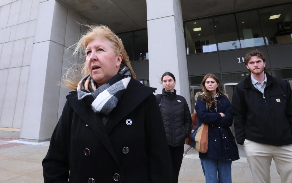 Michelle Kern, aunt of C.J. Hackett, talks outside the Westchester County Courthouse after Stephen Dolan was sentenced on DWI and vehicular manslaughter charges. Dec. 14, 2023.