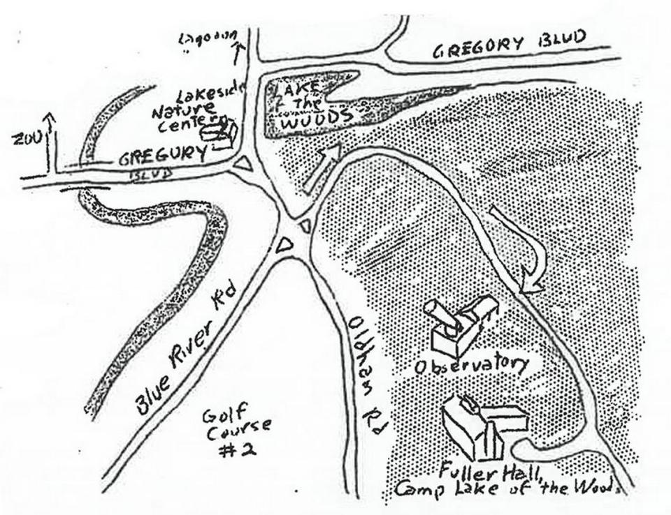 Map portion showing the Swope Park Observatory off what is now Oakwood Road. From a Junior Astronomy Club flyer, 1966. 