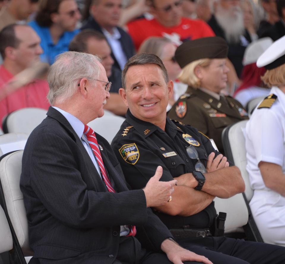 Sheriff  Mike Williams and U.S. Rep. John Rutherford at the Jacksonville Veterans Memorial Wall, in Downtown Jacksonville on May 30, 2022.