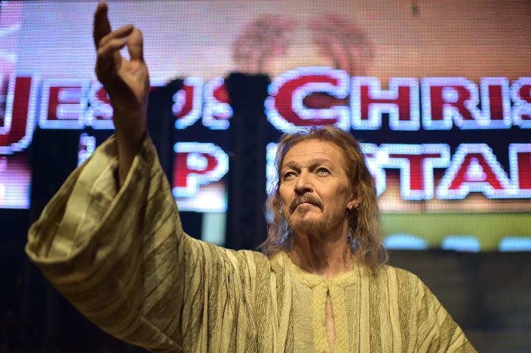 American actor Ted Neeley (R) takes part in a rehearsal of the show "Jesus Christ Superstar" on April 11, 2014 in Rome