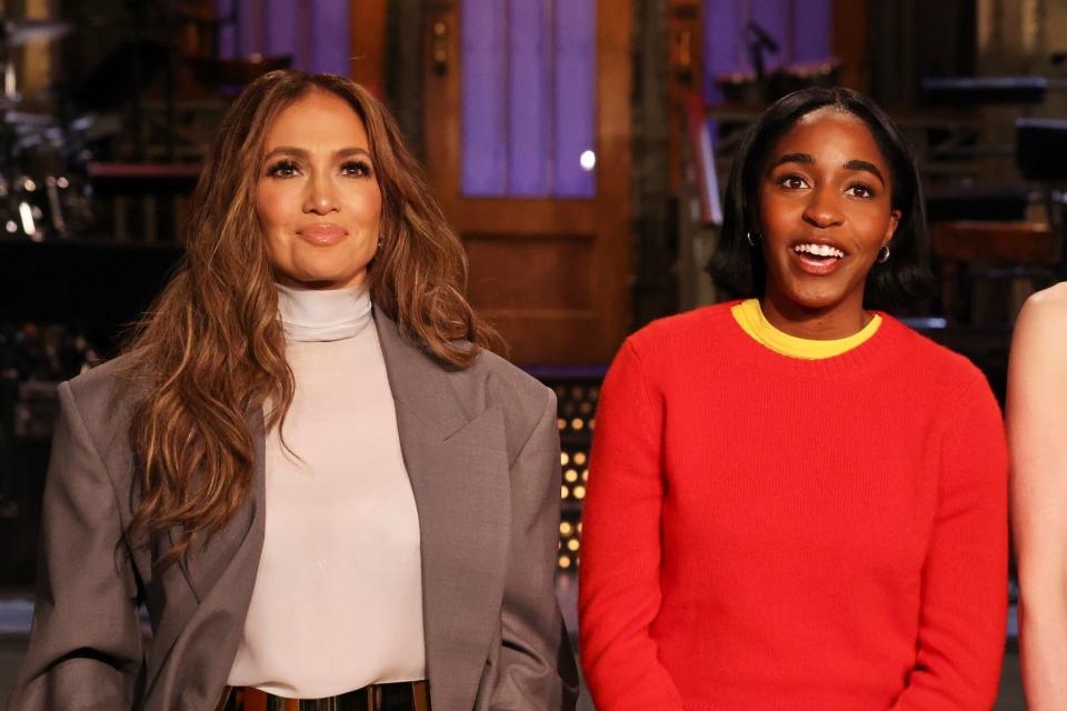 "Saturday Night Live" musical guest Jennifer Lopez, host Ayo Edebiri, and Heidi Gardner during Promos in Studio 8H on Friday, February 2, 2024.