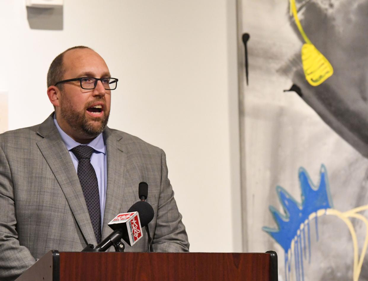 State epidemiologist Dr. Joshua Clayton speaks about the COVID-19 vaccine on Tuesday, April 20, 2021, at the Washington Pavilion Visual Arts Center in Sioux Falls.