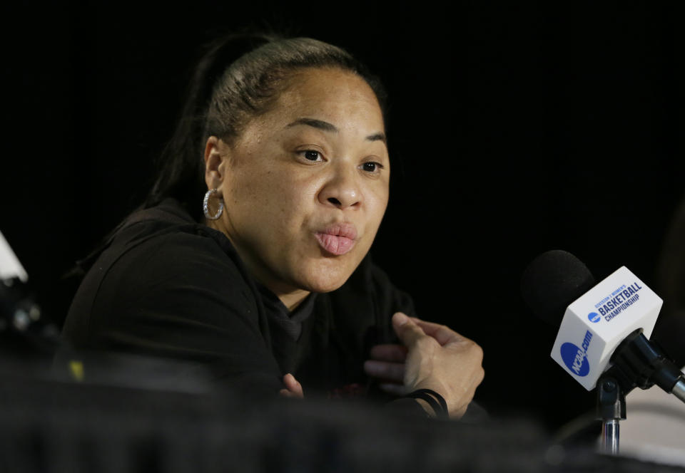 South Carolina head coach Dawn Stanley answers a question during a news conference at the women's Final Four college basketball tournament, Saturday, April 1, 2017, in Dallas. South Carolina will play Mississippi State on Sunday in the NCAA Championship. (AP Photo/Tony Gutierrez)