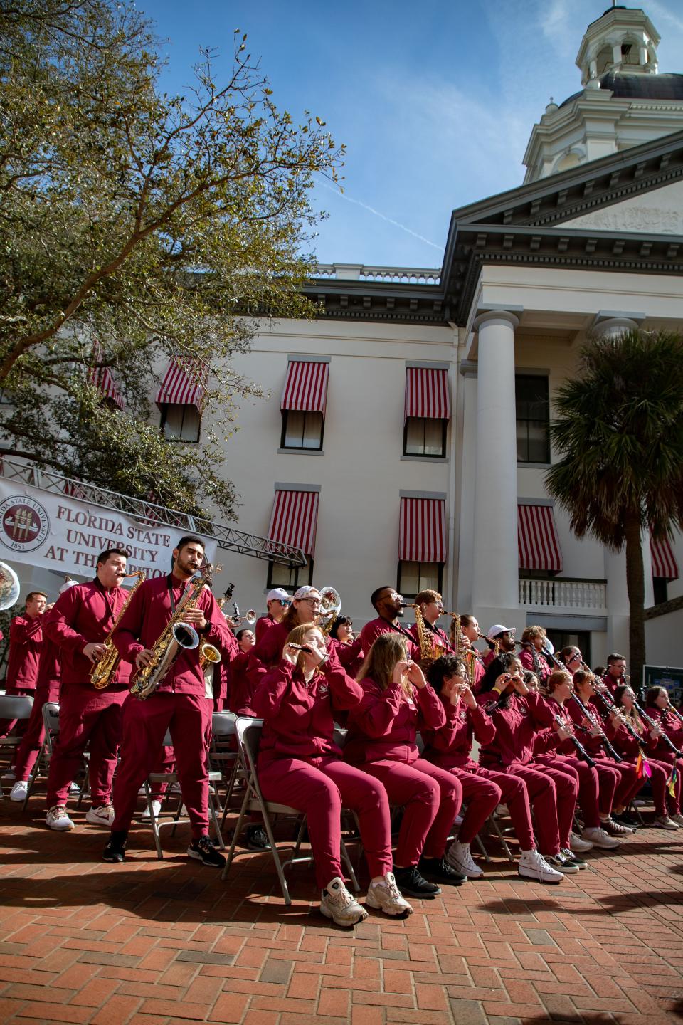 The Florida State University Marching Chiefs play familiar tunes in the Capitol courtyard to celebrate FSU Day on Thursday, Feb. 1, 2024.