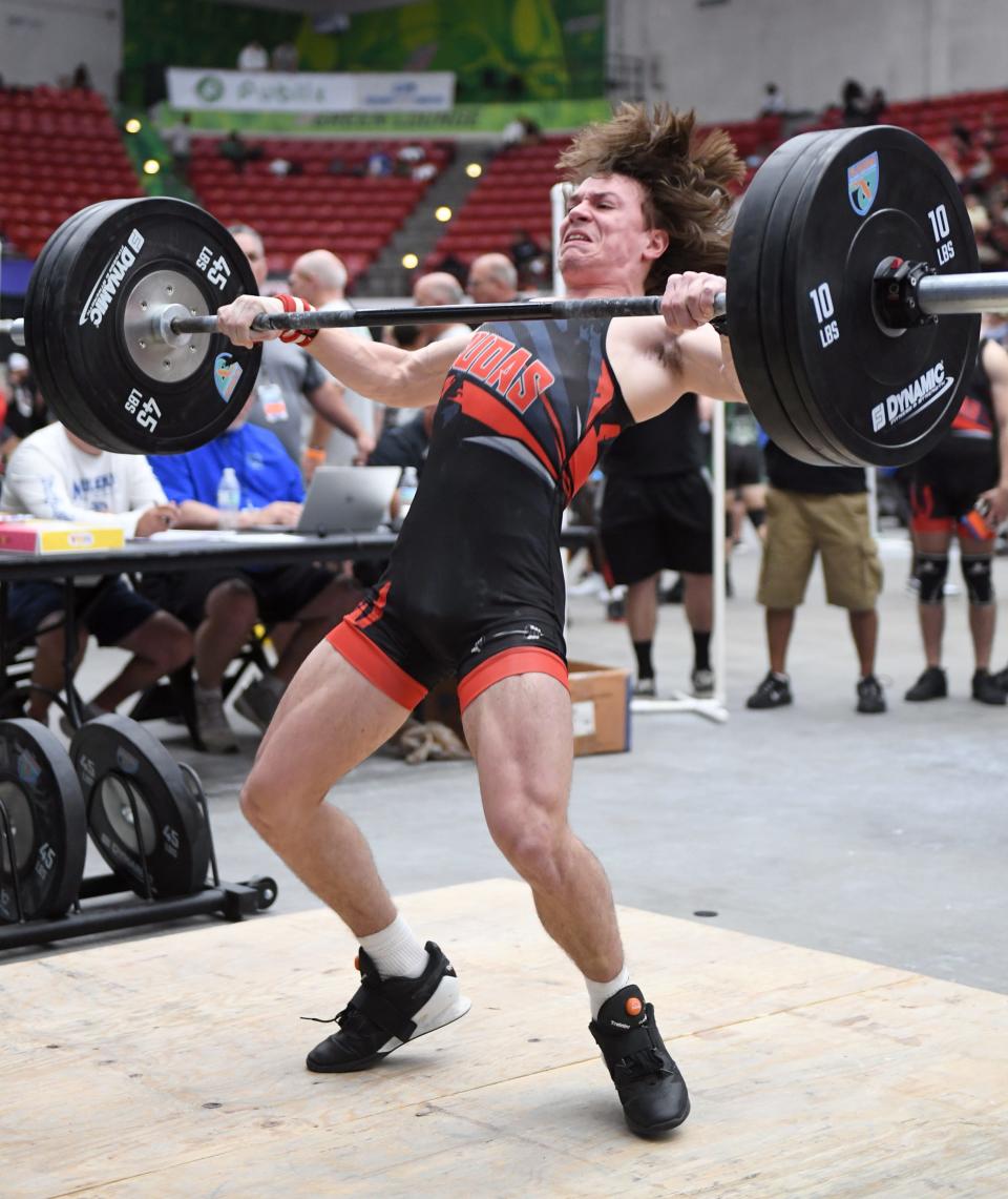 Arden Strong of New Smyrna Beach lifts in Class 2A during the FHSAA Boys Weightlifting State Championships at the RP Funding Center in Lakeland, Florida on Saturday April 20, 2024. Strong was 2nd in both Olympic and Traditional.